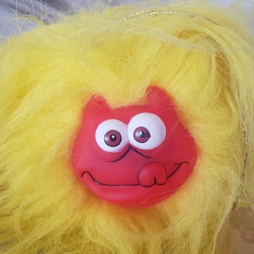Vintage Yellow Puffball Furry Rubber Face Monster Window Hanger 4.5 Inch